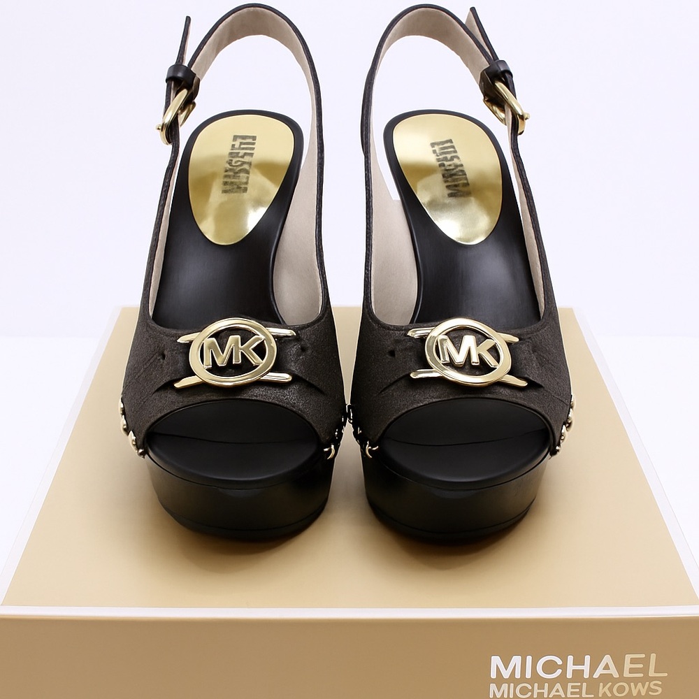 MICHAEL Michael Kors Platform Wedge Brown Monogram Gold Stud Slingback